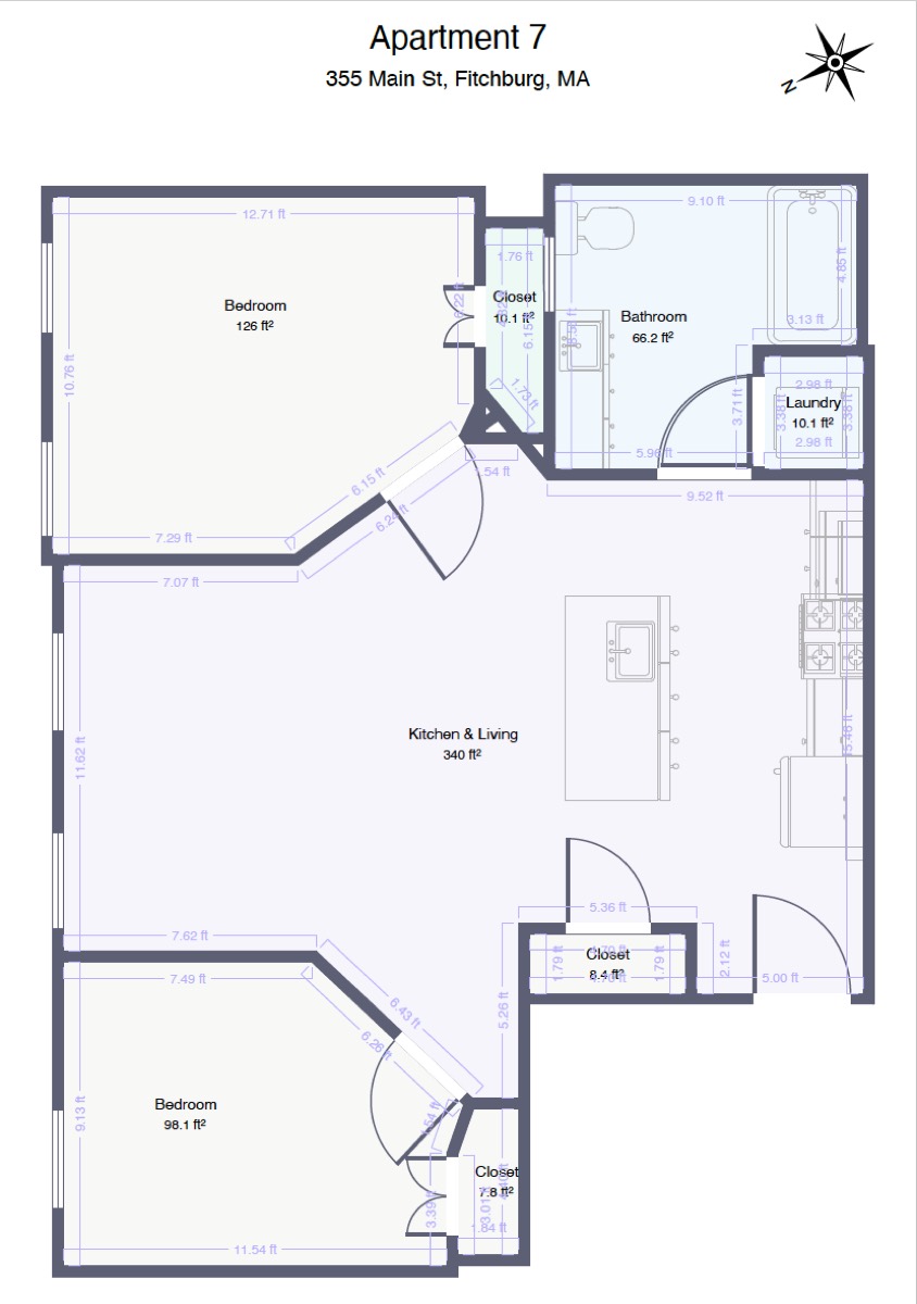 Scaled floor plan of Apartment 7 showing two bedrooms, one bathroom, an open kitchen and living area, laundry, and four closets.