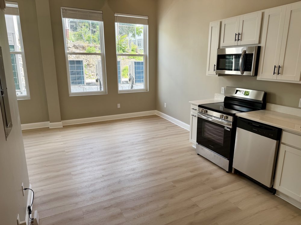 Apartment 1 — open kitchen and living area with three windows.